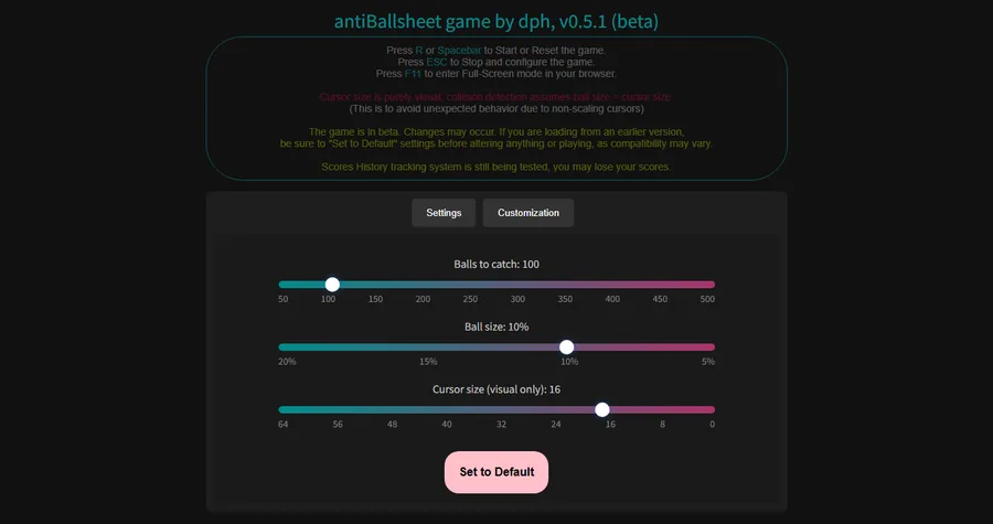 Official antiBallsheet browser page showing the speedrun remake interface