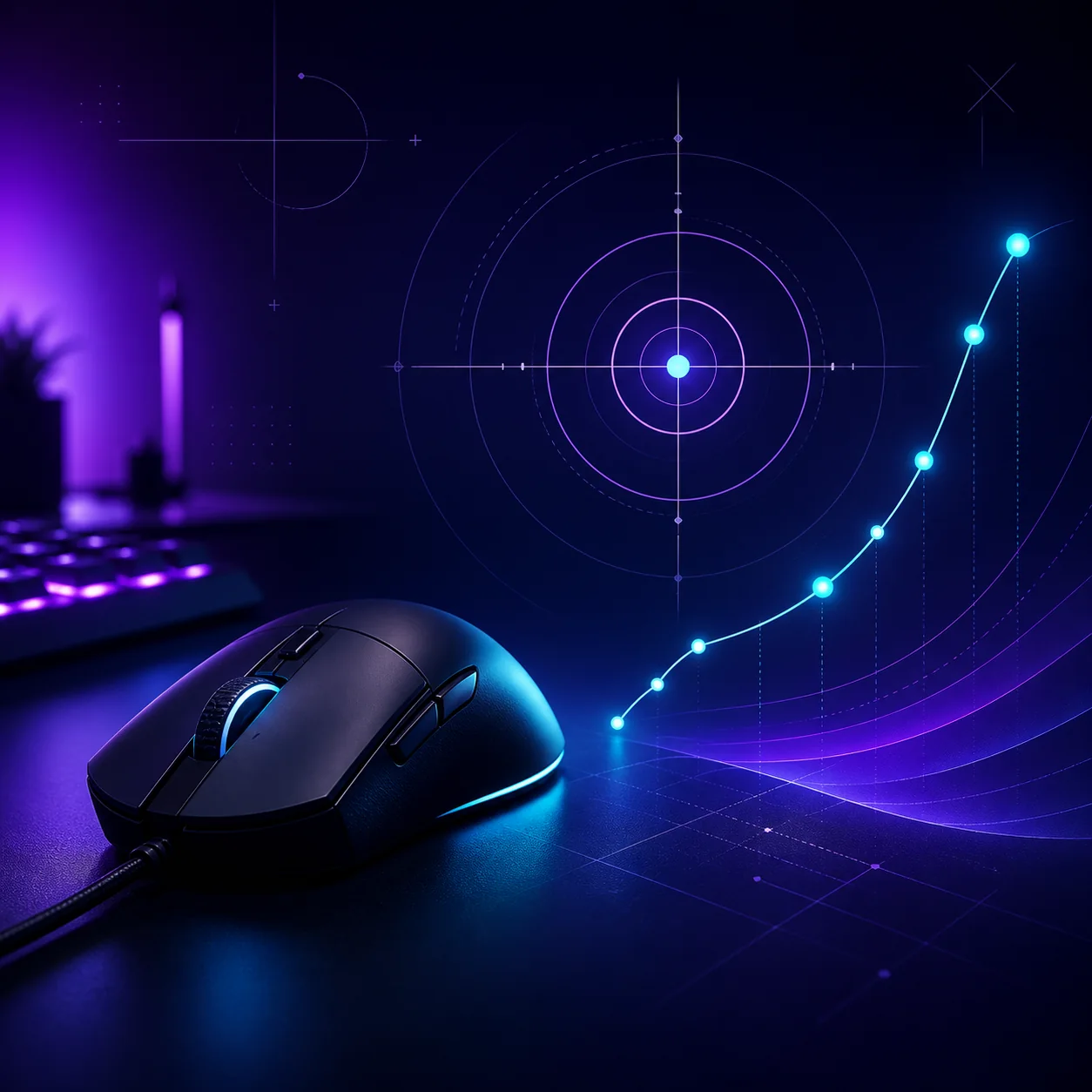 Editorial illustration of a gaming mouse, target rings, and a glowing aim path for an eDPI guide