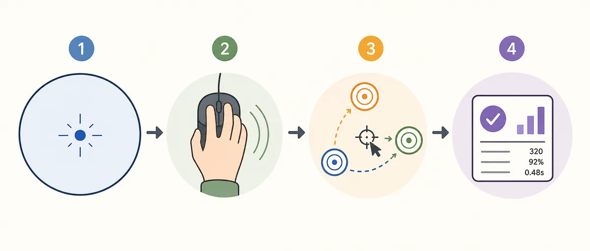 Editorial flow showing visual cue, hand movement, target switching, and score review during reaction practice