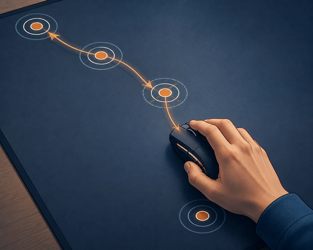 Hand guiding a gaming mouse through a smooth path of circular practice targets