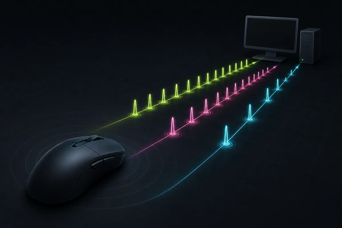 Gaming mouse sending colored polling signals toward a computer