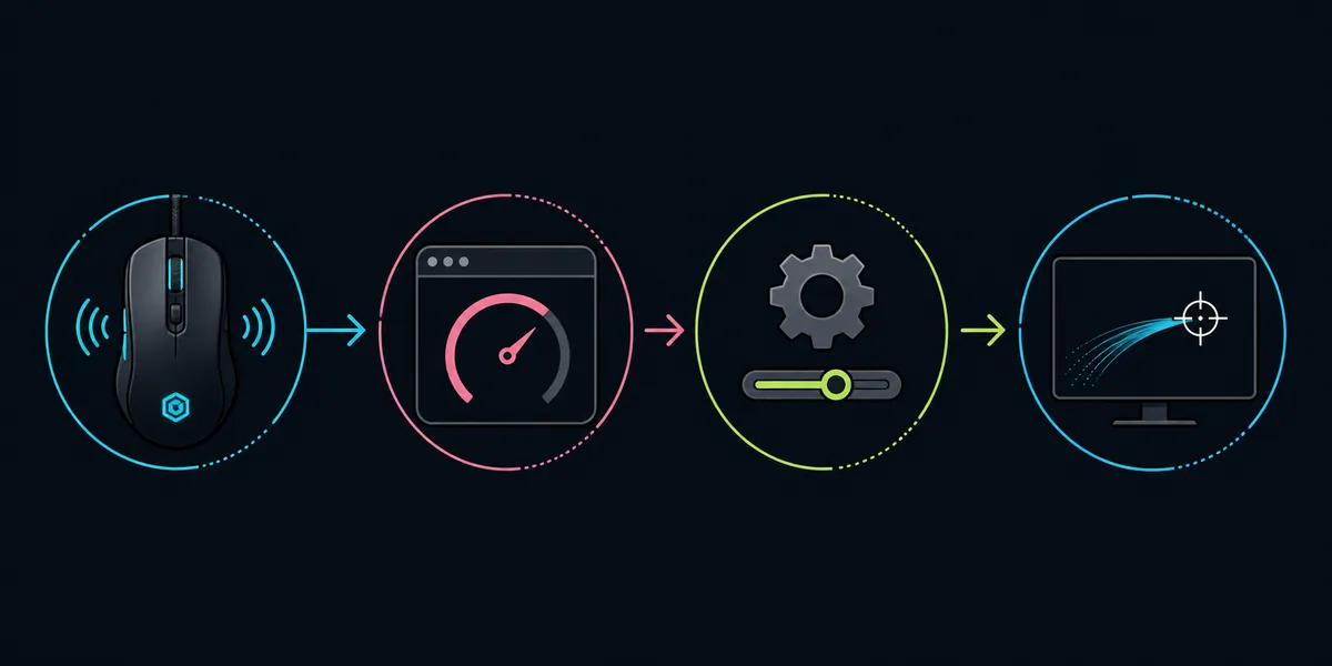 Four-step illustration from stable mouse settings to browser check and in-game review