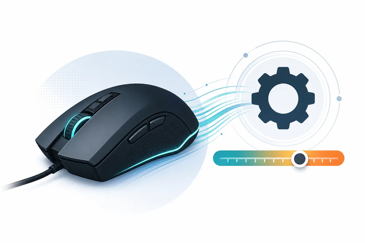 Editorial illustration of a gaming mouse, settings gear, and pointer speed control